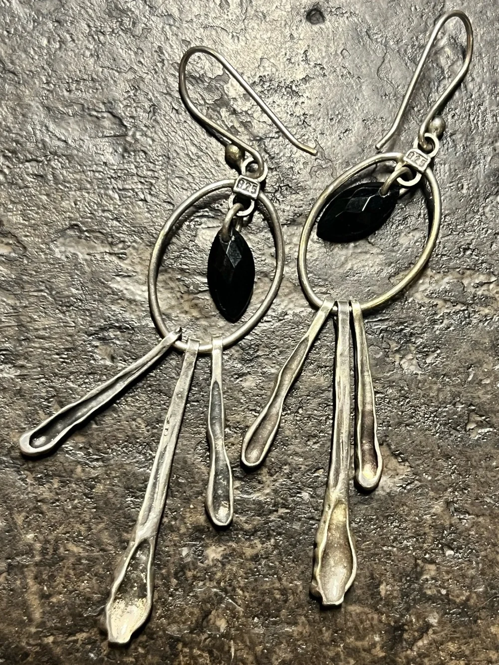 Handcrafted Sterling silver black gemstone dangle earrings silver stick fringe